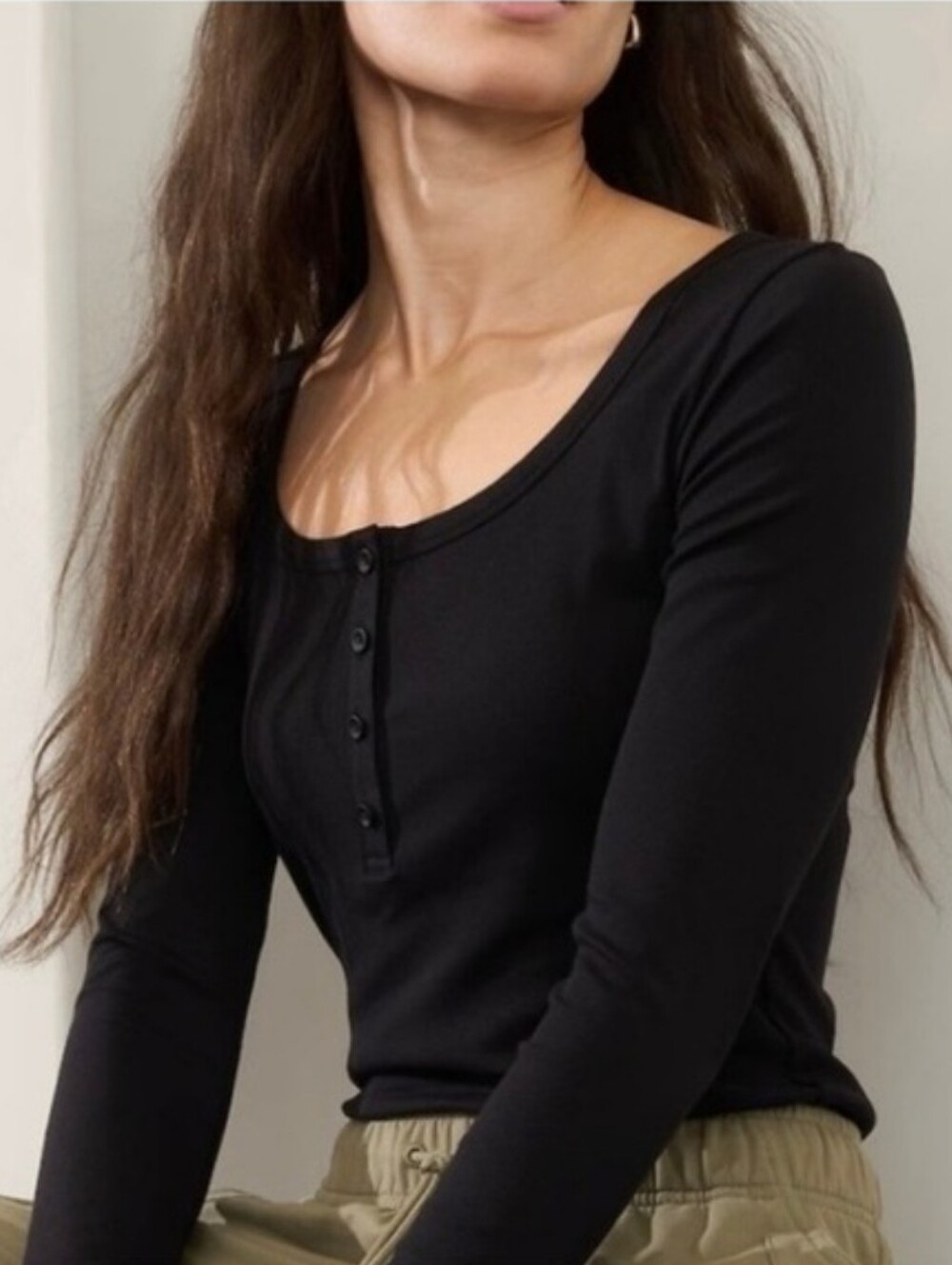 Athleta Signature Rib Henley Top XL Black Stretch Modal Ribbed Athleisure